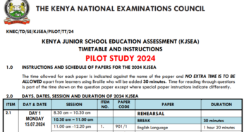 KNEC 2024 KJSEA pilot study timetable and instructions (Grade 9)