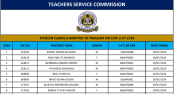 List of teachers pension claims submitted to Treasury on 19th July 2024